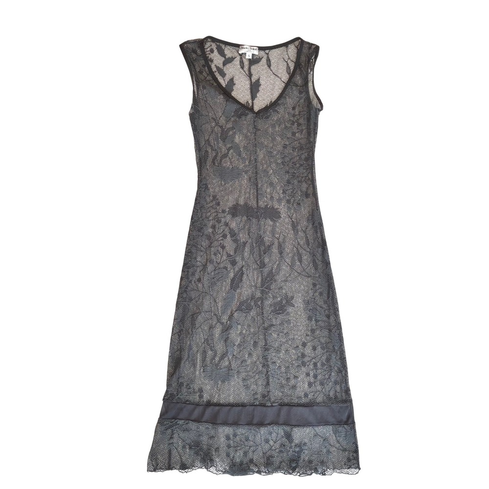 Vintage Lace Mesh Midi Dress Gray Sleeveless Floral Sheer Grunge Romantic XS/S